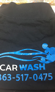 Car Wash screen-printed black tee with blue lettering and phone number.