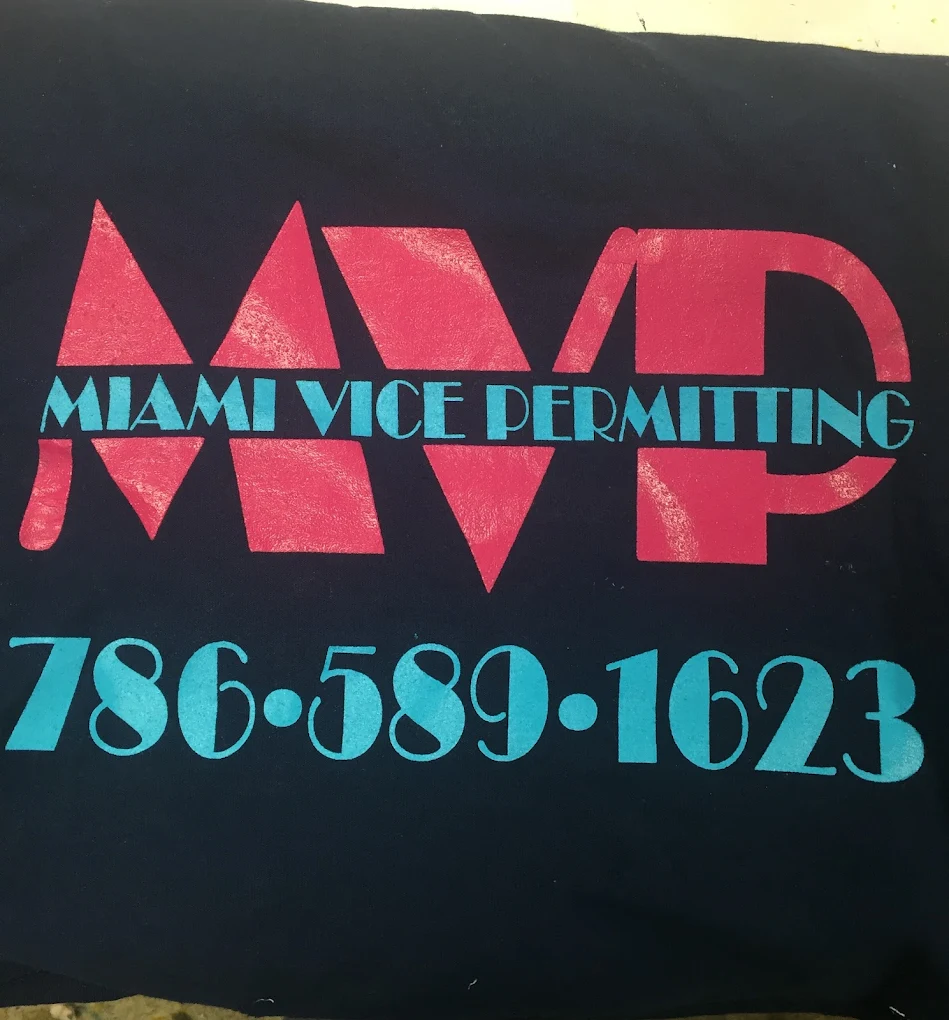 MVP Miami Vice Permitting screen-printed shirt with phone number.